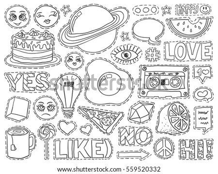 Patch badges set. Doodle sketch vector. Comic stickers with words, cake, music, planet, tea, heart, diamond and smiles. Social media funny badges. College fashionable pins.