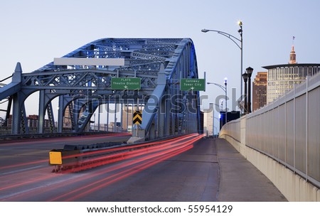Traffic on the bridge in downtown Cleveland, Ohio.