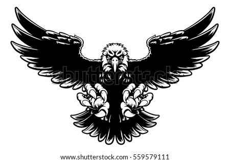Black and white American bald eagle mascot swooping with claws out and wings spread