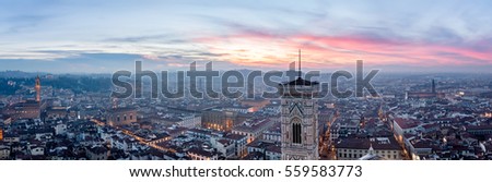Panoramic picture of the sunset from the Dome of Florence Cathedral with Giotto's Campanile Bell Tower, Florence, Tuscany, Italy.