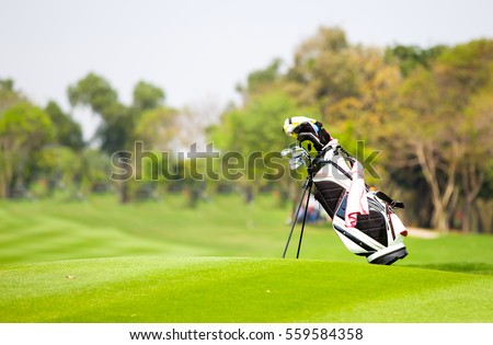 Golf bag is located on fairway in the golf course.