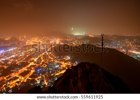Mecca city view from Hira Cave at night.