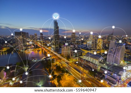 smart city and wireless communication network, IoT(Internet of Things), ICT(Information Communication Technology), digital transformation, abstract image visual Royalty-Free Stock Photo #559640947