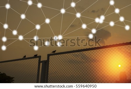 modern cityscape and wireless sensor network, sensor node and connecting line, ICT (information communication technology), internet of things, abstract image visual, white space empty.