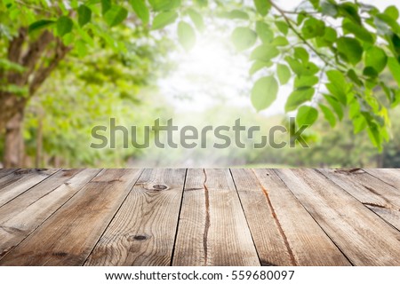 Empty wooden table with garden bokeh for a catering or food background with a country outdoor theme,Template mock up for display of product Royalty-Free Stock Photo #559680097