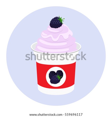 Blackberry yogurt in plastic cup. Milk cream product in flat vector style.