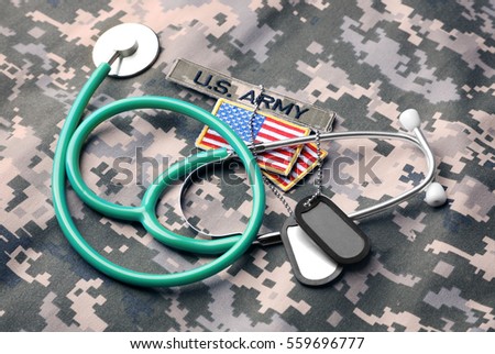 Military uniform with stethoscope and tags