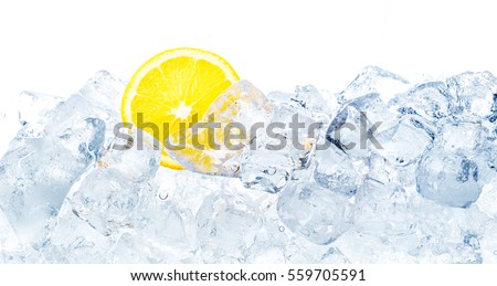 Juicy lemon in ice cubes background. Royalty-Free Stock Photo #559705591