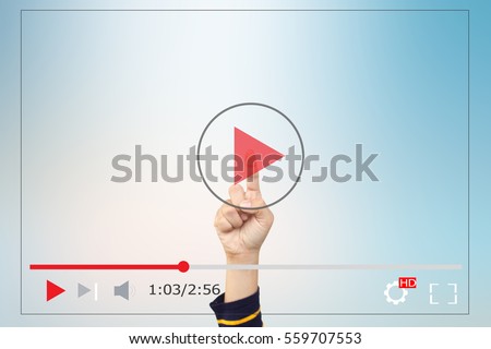 Hands man push start button on touch screen to run video clip Royalty-Free Stock Photo #559707553