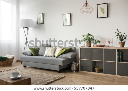 Living room with sofa, lamp and rack