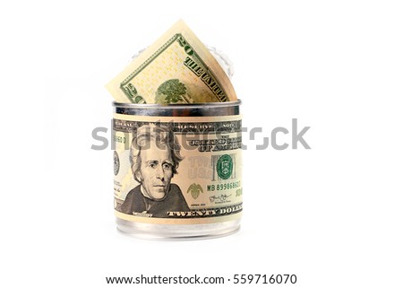 paper money American dollars in galvanized tin label a coin as a variant of saving money