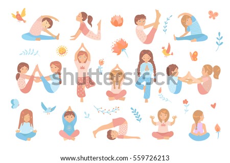 Cute kids doing yoga exercises. Yoga kids set. Gymnastics for children and healthy lifestyle. Vector illustration.