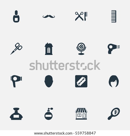 Set Of 16 Simple Beautician Icons. Can Be Found Such Elements As Premises, Blow Dryer, Supermarket And Other.