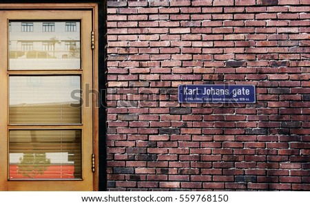 Karl Johans Gate street sign. The world's most famous street of Karl Johans Gate, Oslo, Norway.