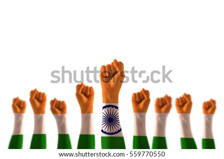 India national flag pattern on leader's fist isolated (clipping path) on white background for Human equal rights, labor day concept Royalty-Free Stock Photo #559770550