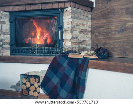 Fireplace in the middle of the which burns fire. Royalty-Free Stock Photo #559781713