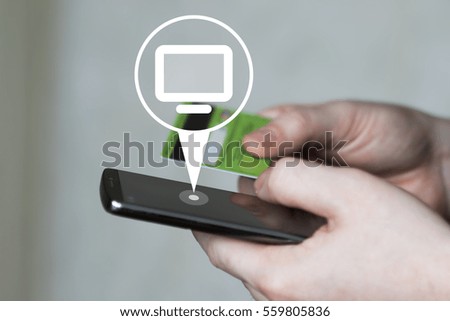 Businessman pressing button media connection computer virtual from the phone to a credit card