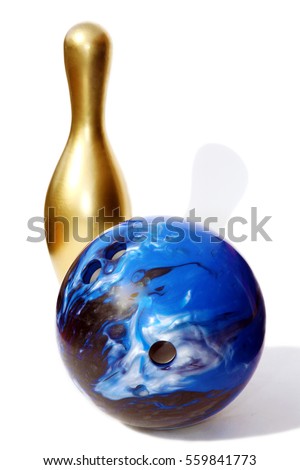 Blue bowling ball and golden bowling pin. isolated on white with room for your text.