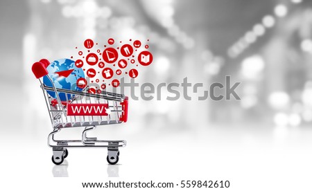 Online shopping concept of shopping cart with globe and icon design