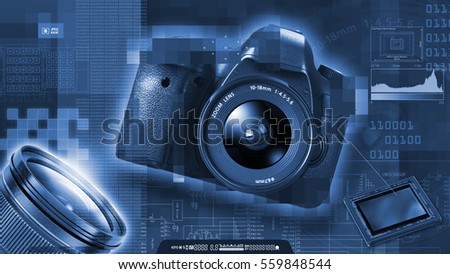 Composition on digital photography. Reflex camera, sensor, lens and pixels.