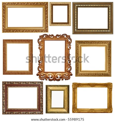nine antique picture frames isolated on white . High resolution