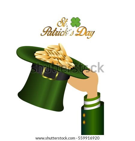 Isolated hand holding a traditional hat full of golden coins, Patrick's day vector illustration