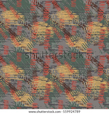 Colorful grunge seamless pattern with abstract hand drawn brush strokes and paint splashes. Messy infinity texture, modern grungy background. Vector illustration. 
