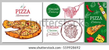 Italian restaurant corporate identity template with pizza pasta and different ingredients vector illustration