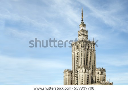 Poland Warsaw historic building culture palace tower with clock 2 Royalty-Free Stock Photo #559939708