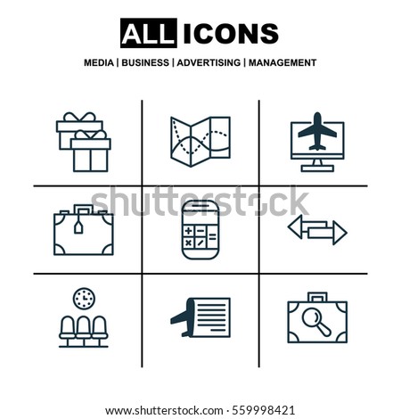 Set Of 9 Traveling Icons. Includes Timetable, Crossroad, Internet Ticket And Other Symbols. Beautiful Design Elements.