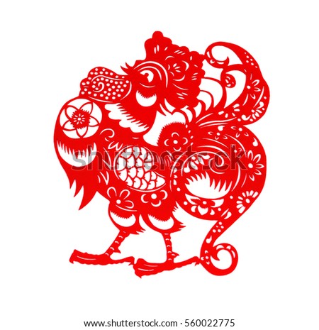red flat paper-cut on white as a symbol of Chinese New Year of the Rooster 2017,no logo or trademark