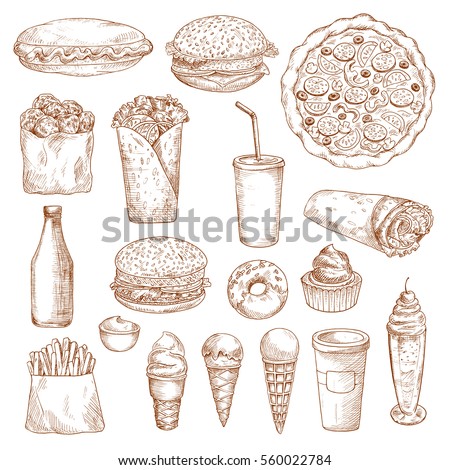 Fast Food sketch icons of hot dog, cheeseburger, french fries, burrito kebab, soda drink with donut dessert and cake, hamburger or burger, mayonnaise or ketchup bottle, ice cream, coffee and milkshake