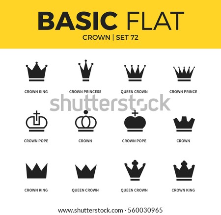 Basic set of crown pope form, crown king form and crown princess form icons. Modern flat pictogram collection. Vector material design concept, web symbols and logo concept.
