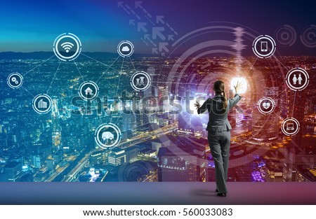 young business person and graphical user interface concept, Internet of Things, Information Communication Technology, Smart City, digital transformation, abstract image visual