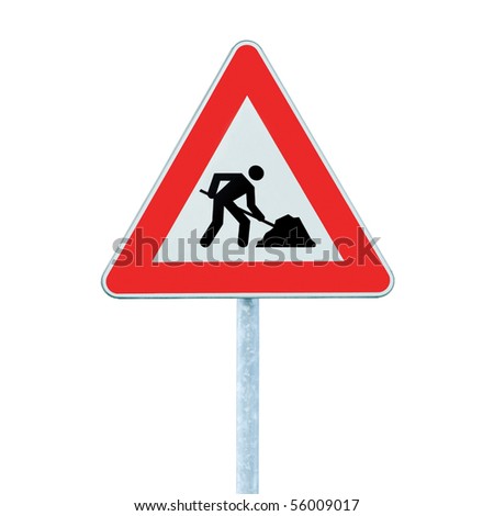 Road Works Ahead Warning Road Sign With Pole, isolated under construction roadworks concept