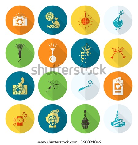 Happy Birthday Icons Set. Simple, Minimalistic and Flat Style. Colorful. Long Shadow. Vector