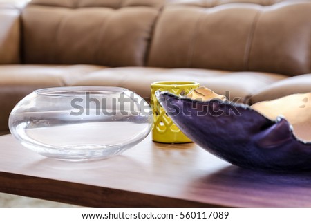 Glass Bowl, Purple Color Bowl, Yellow Mug on Coffee Table/ Sofa Center Table 