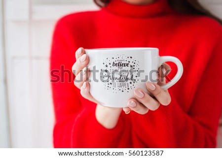 Cozy atmosphere, girl with big cup of coffee, cacao, chocolate, christmas time, winter