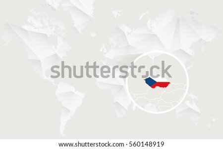 Czech Republic map with flag in contour on white polygonal World Map. Vector Illustration.