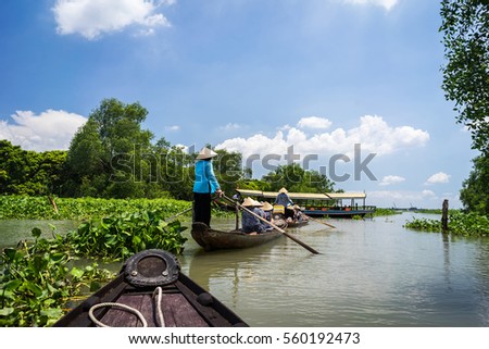 Tourism rowing boat in Tra Su flooded indigo plant forest in An Giang, Mekong delta, Vietnam.