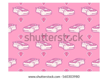 Doodle car background pink. Seamless baby pattern in vector. Texture for wallpaper, fills, web page background.