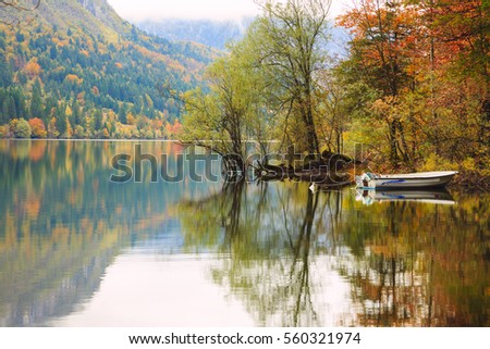 Beautiful autumn scenery at lake Bohinj, Triglav National Park, Julian Alps, Slovenia