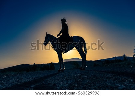 horse and man Silhouette at sunset