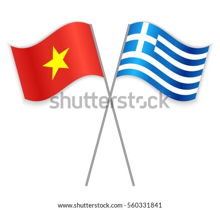 Vietnamese and Greek crossed flags. Vietnam combined with Greece isolated on white. Language learning, international business or travel concept.