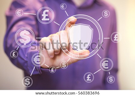 Businessman pushing button shield security virus dollar currency eur network