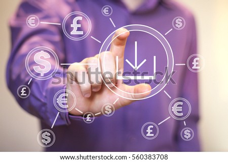 Businessman pushing button with dollar download currency web network