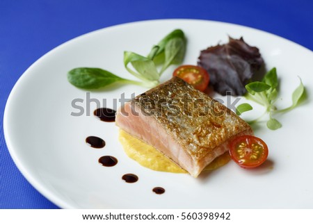 Fish fillet on a white plate with cherry tomatoes and lettuce