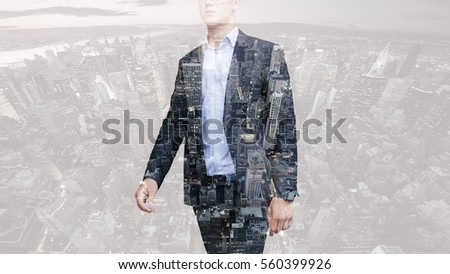 people, business,Double exposure and lifestyle concept - Photo of businessman . Double exposure, city on the background. Blurred background