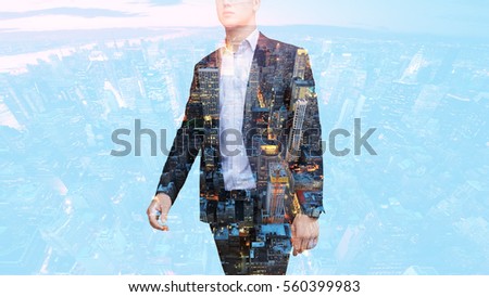 people, business,Double exposure and lifestyle concept - Photo of businessman . Double exposure, city on the background. Blurred background