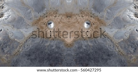 Moons of other worlds, Tribute to Dalí, abstract symmetrical photograph of the deserts of Africa from the air, aerial view, abstract expressionism, mirror effect, symmetry, kaleidoscopic